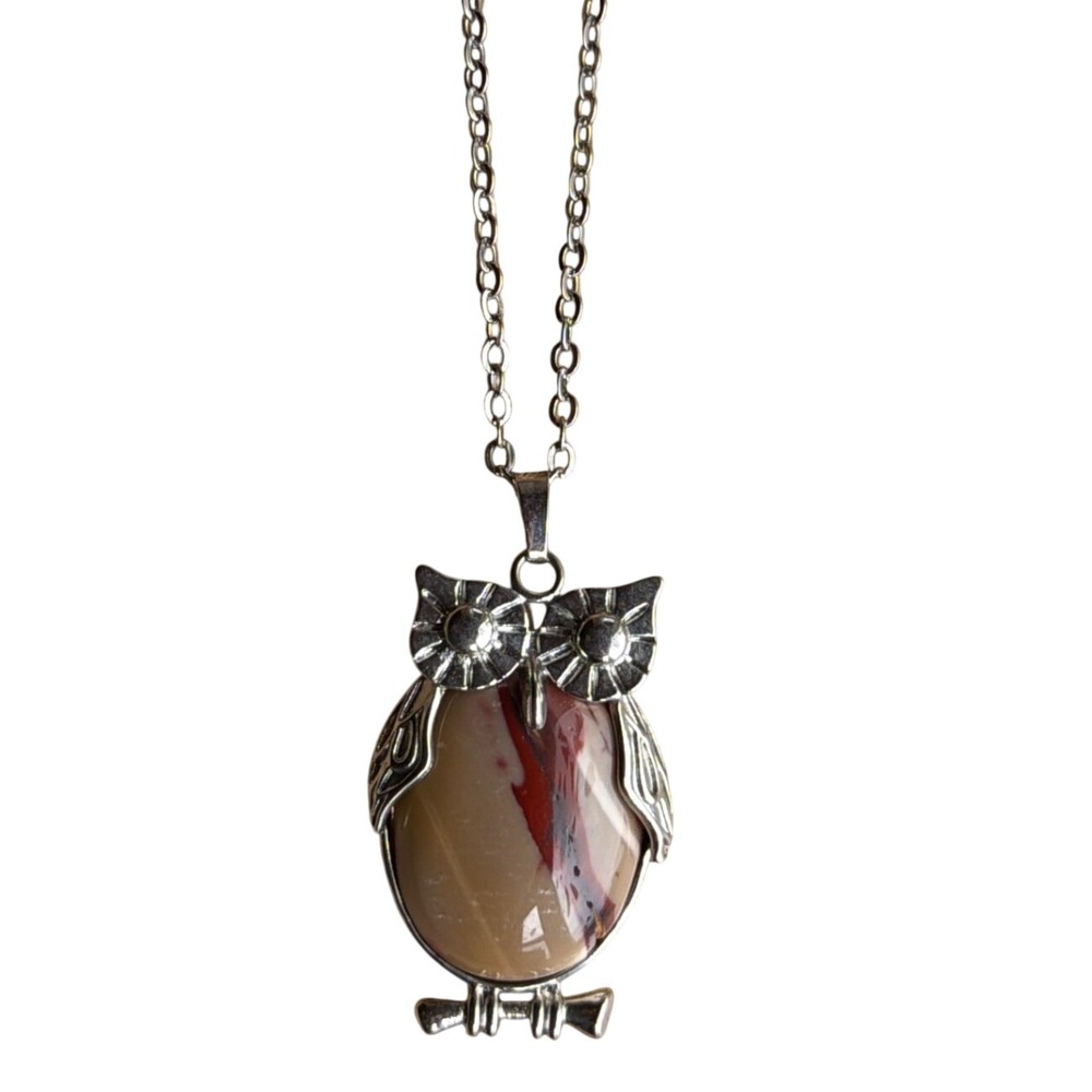 Silver Tone Owl Pendant Necklace with Earthy Red and Tan Polished Stone Novelty